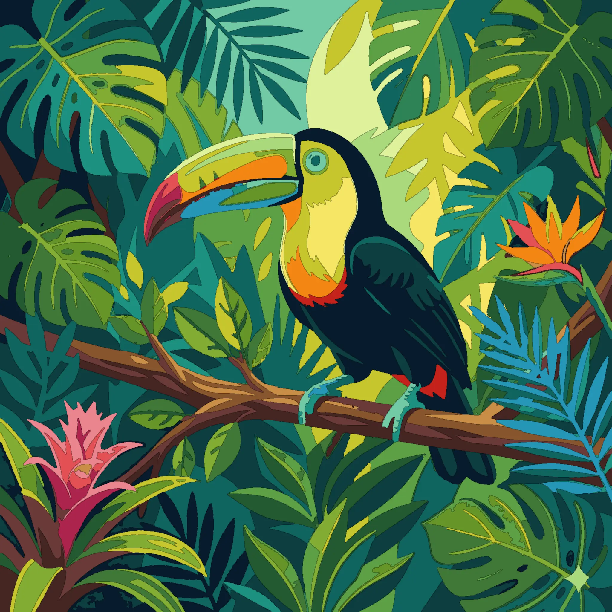 Toucan in tropical leaves