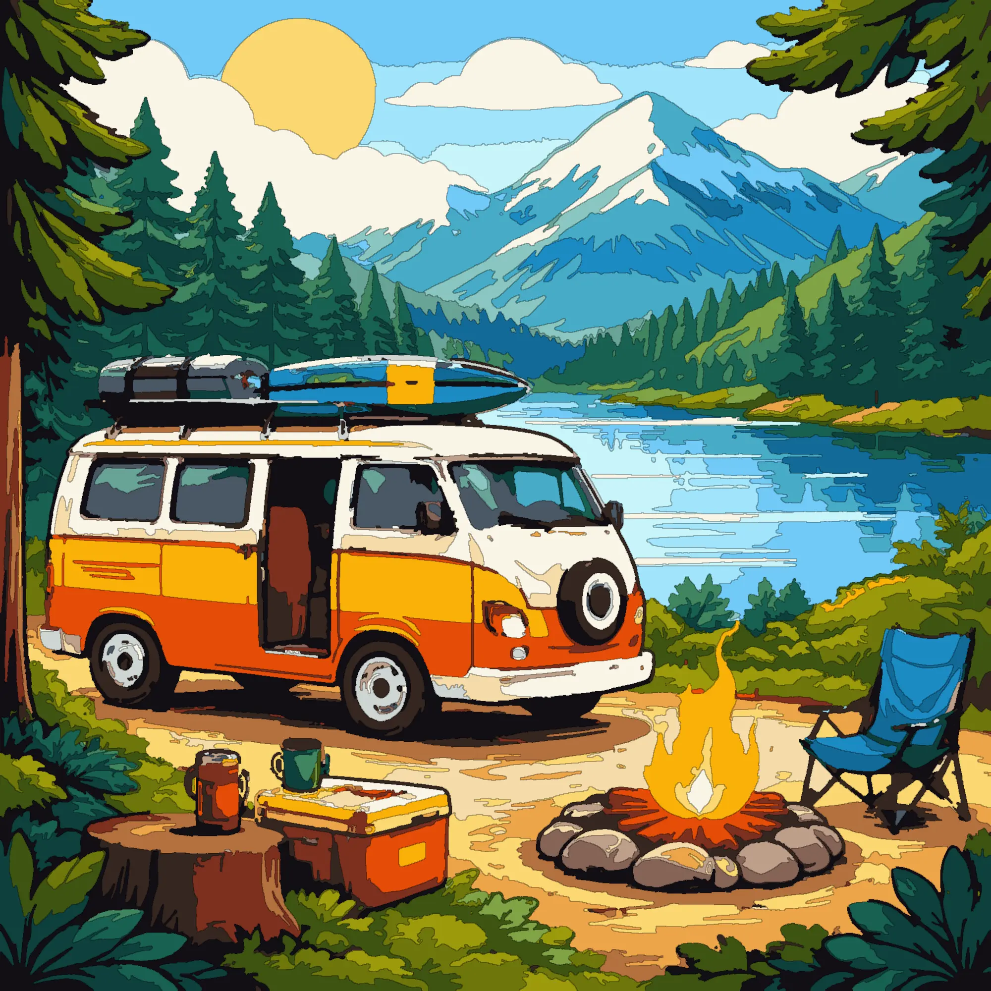 Camper van by a mountain lake